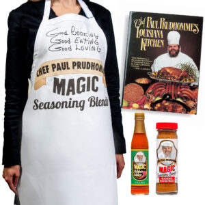 chef paul's birthday bundle which includes and apron that has chef paul's logo, chef paul's louisiana kitchen cookbook, a bottle of his magic pepper sauce and a container of blackened redfish magic