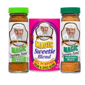 chef paul's fall blend trio with 3 containers of poultry magic, sweetie blend and vegetable magic