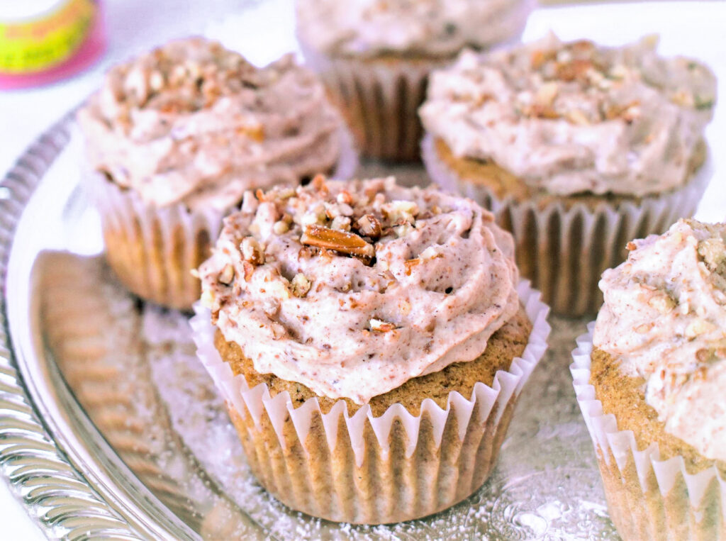 5 pecan spice cupcakes on a silver tray