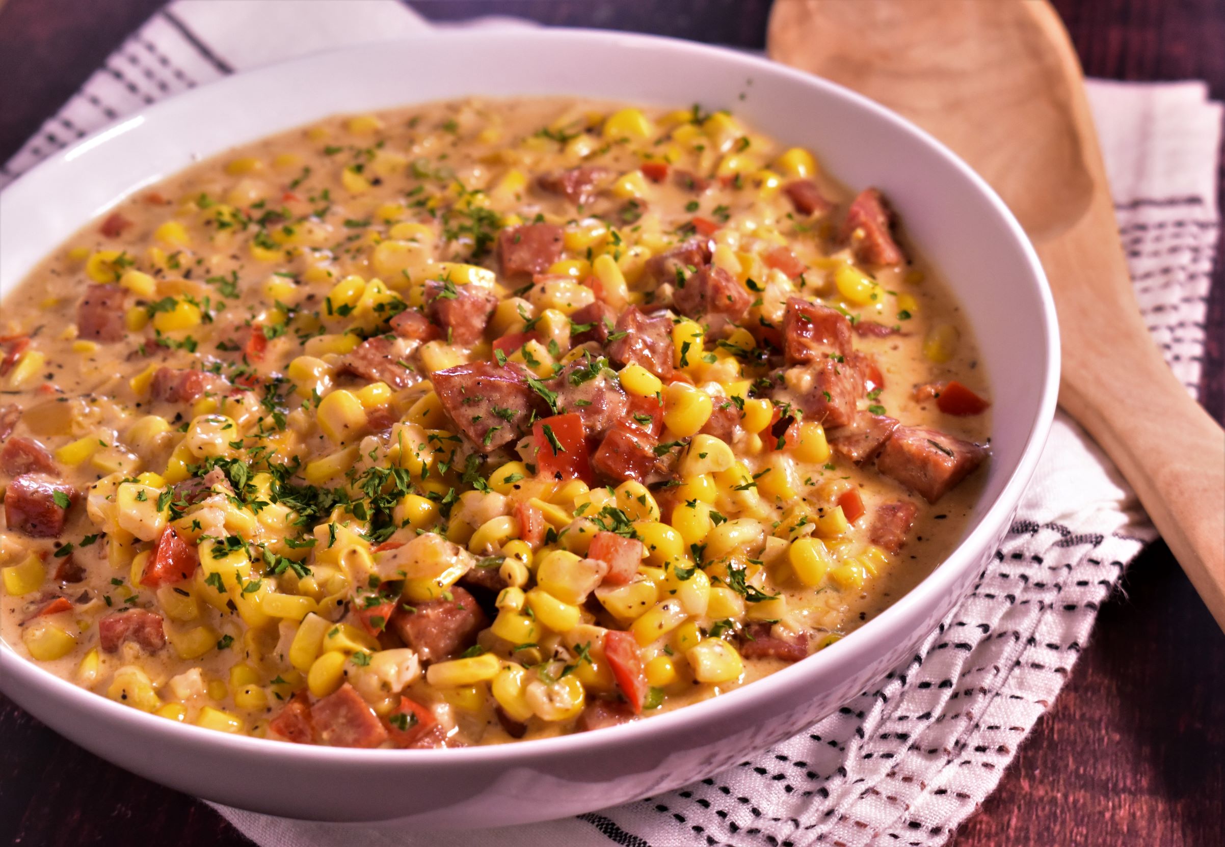 Creamed Corn with Smoky Andouille Sausage