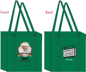 front and back of the chef paul magic seasoning blends tote bag with chef pauls logo on one side and the k pauls louisiana kitchen logo on the other
