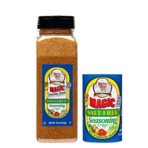 two containers of magic seasoning blends salt free seasoning