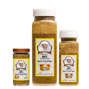 three containers of magic seasoning blends salt free sugar free lemon and cracked pepper