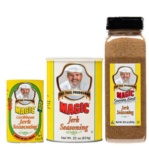 three containers of magic seasoning blends jerk seasoning