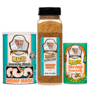 three containers of magic seasoning blends shrimp magic
