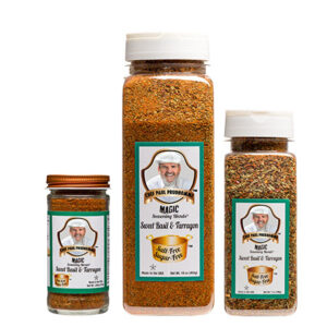 three containers of magic seasoning blends salt free sugar free sweet basil and tarragon