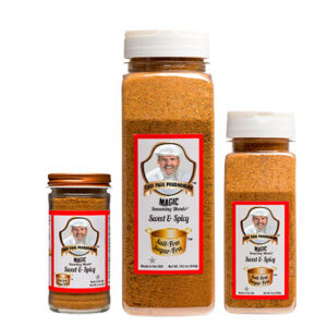 three containers of magic seasoning blends salt free sugar free sweet and spicy