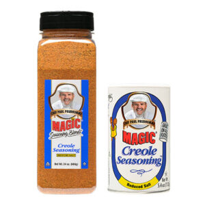 Two different sized containers of Reduced Sodium Creole Seasoning.