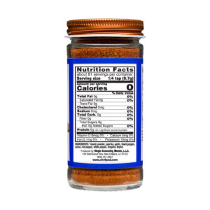 Rear panel of a small bottle of Salt-free sugar-free creole seasoning