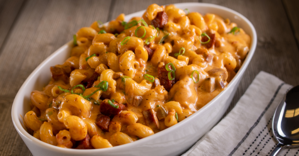 A platter of Cajun Mac & Cheese on table