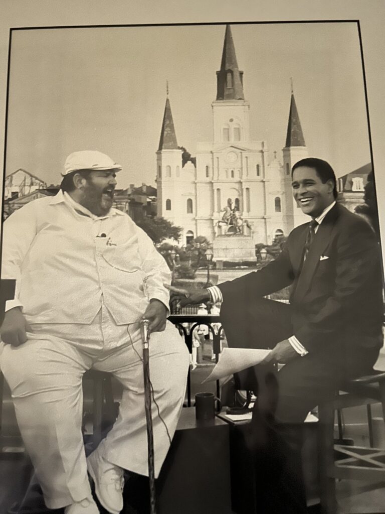 Chef Paul and Bryant Gumbel Chef Paul Prudhomme and Bryant Gumbel sitting in front of Jackson Square