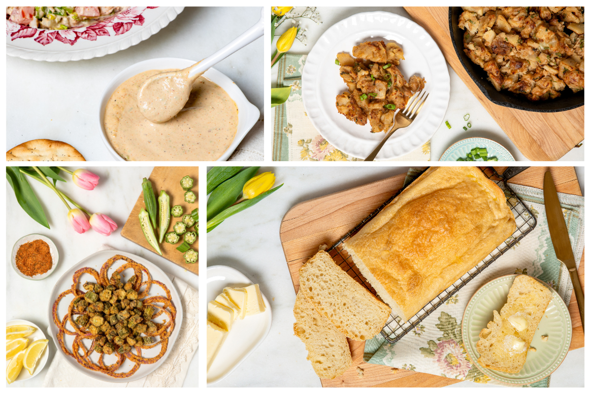 Food photography collage showcasing homemade Southern comfort foods including freshly baked bread, smothered potatoes, fried okra with crispy onion rings, creamy crab salad, and accompanying sauces - all styled with fresh flowers and seasonal accents on decorative tableware.