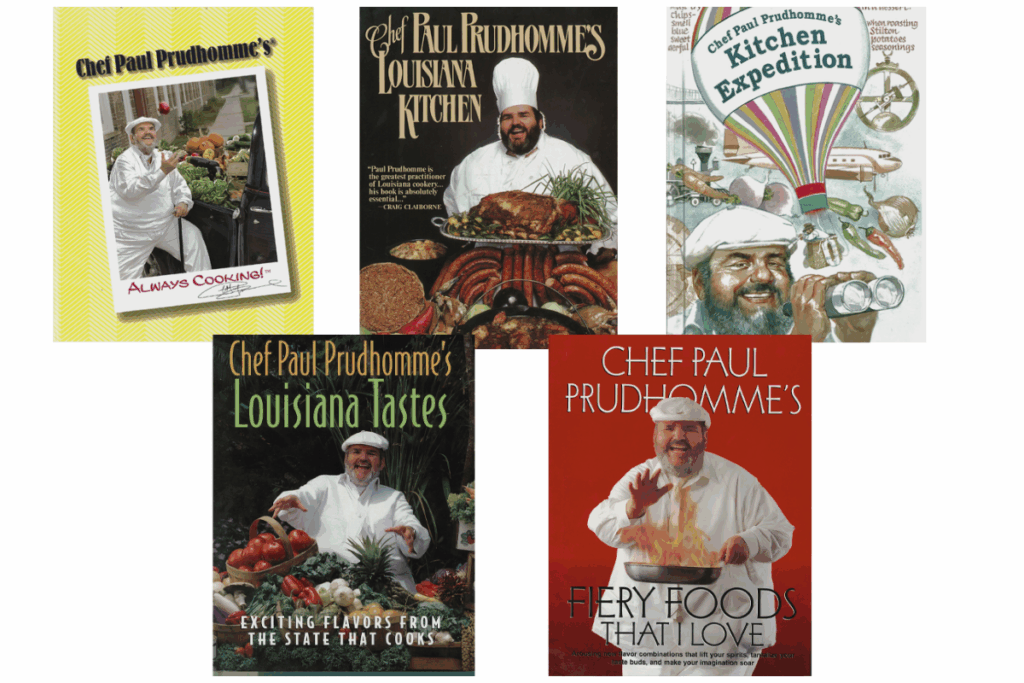 A collage of 5 Chef Paul cookbooks