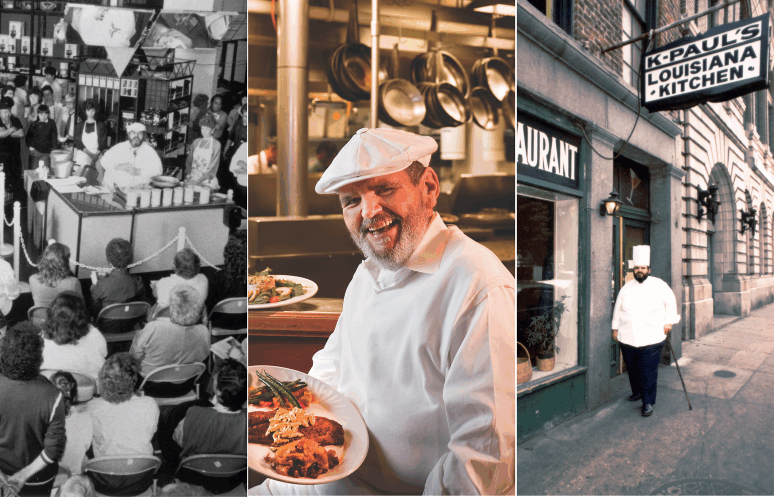 A triptych of Chef Paul in various settings: demonstrating cooking to a seated crowd, smiling in a kitchen with food, and walking outside a restaurant.