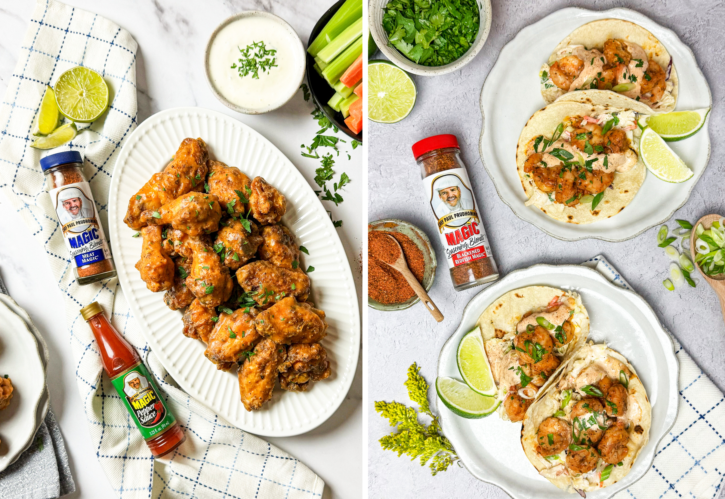 Overhead view of two game-day dishes styled on a light surface: on the left, a platter of crispy, sauced chicken wings garnished with herbs, served with celery, carrots, and dipping sauce alongside Magic Seasoning Blends and hot sauce; on the right, a two plates of shrimp tacos and on the side a bottle of Blackened Redfish Magic seasoning.