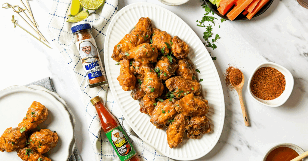 A platter of honey buffalo chicken wings garnished with herbs, served with celery, carrot sticks, dipping sauce, seasonings, hot sauce, and drinks with lemon slices.