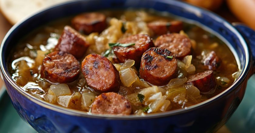 Blue bowl filled with smothered cabbage and greens