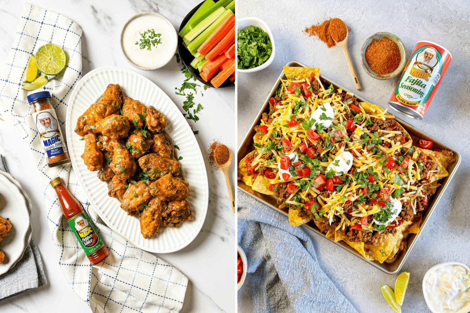 Overhead view of two game-day dishes styled on a light surface: on the left, a platter of crispy, sauced chicken wings garnished with herbs, served with celery, carrots, and dipping sauce alongside Magic Seasoning Blends and hot sauce; on the right, a tray of loaded nachos topped with seasoned ground beef, melted cheese, tomatoes, cilantro, and sour cream, with Magic Fajita Seasoning nearby.