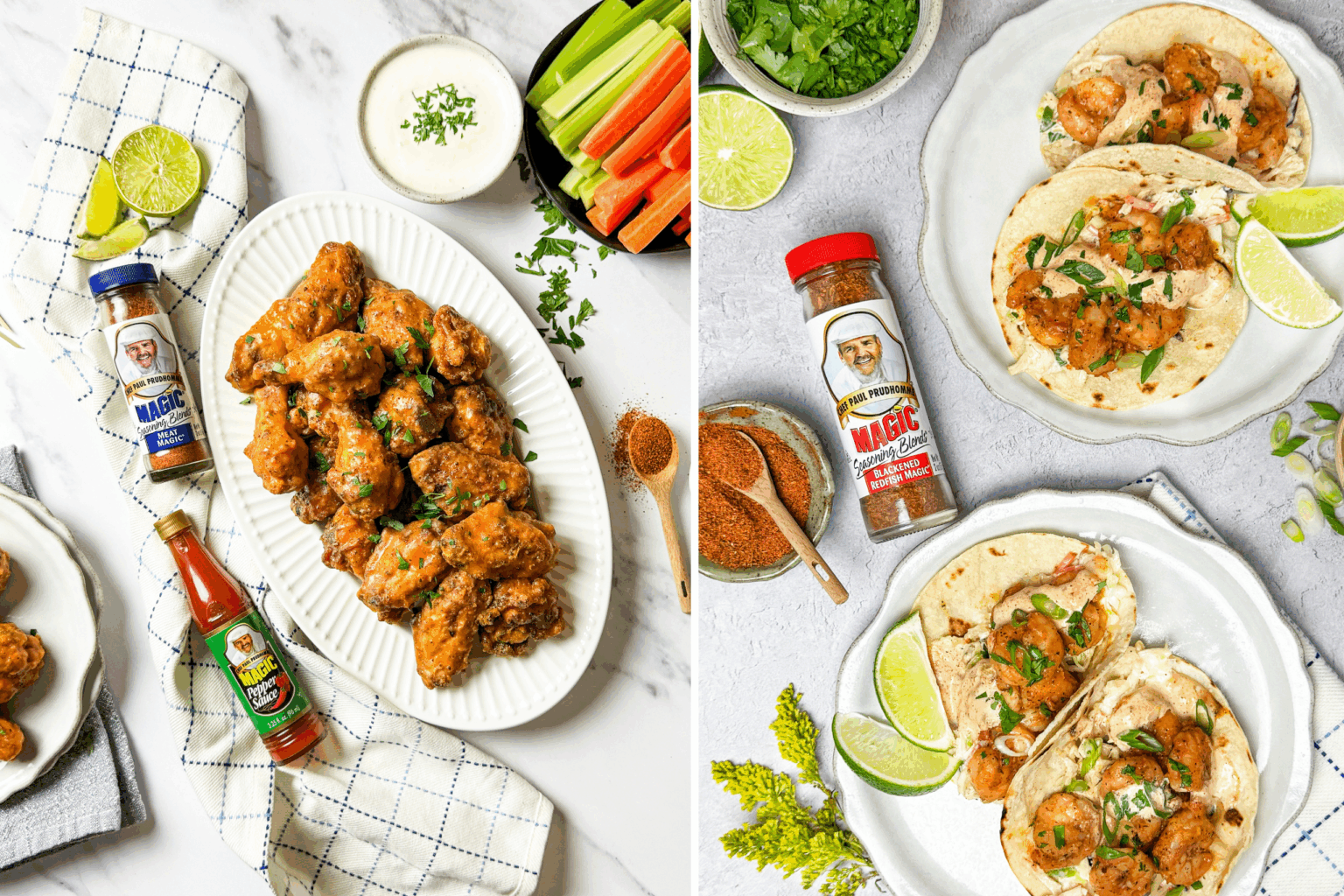 Overhead view of two game-day dishes styled on a light surface: on the left, a platter of crispy, sauced chicken wings garnished with herbs, served with celery, carrots, and dipping sauce alongside Magic Seasoning Blends and hot sauce; on the right, a two plates of shrimp tacos and on the side a bottle of Blackened Redfish Magic seasoning.