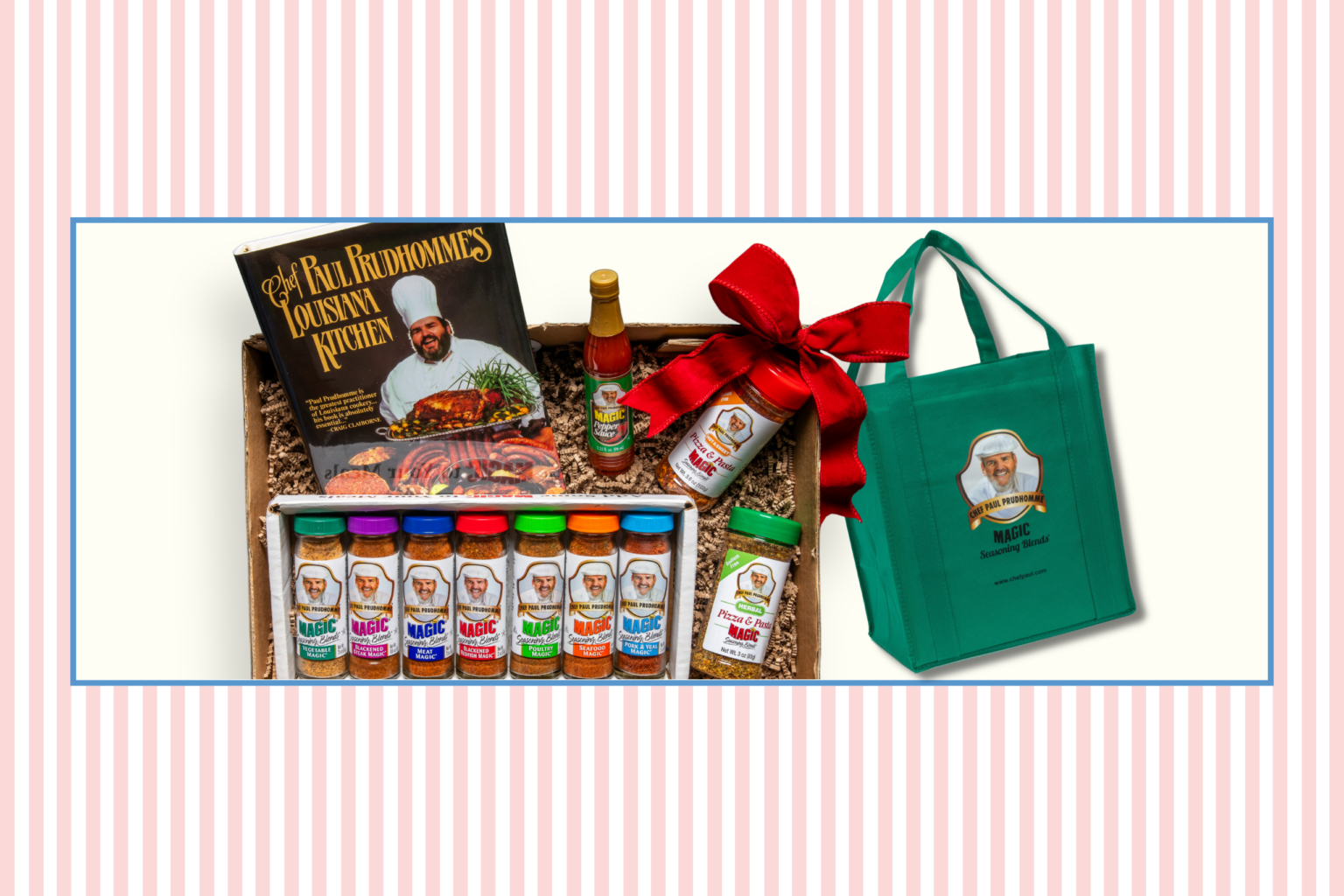 Chef Paul’s Magic Seasoning Blends gift set with cookbook, spices, and tote bag.