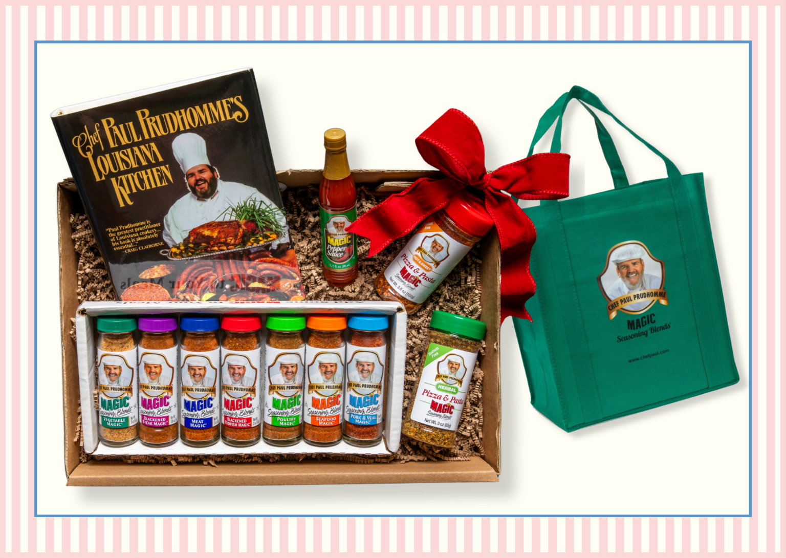 Chef Paul’s Magic Seasoning Blends gift set with cookbook, spices, and tote bag.