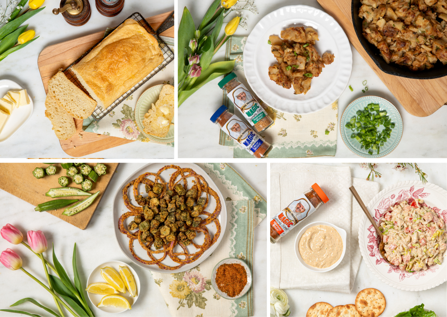 Assorted spring dishes styled with Chef Paul’s Magic Seasoning Blends.