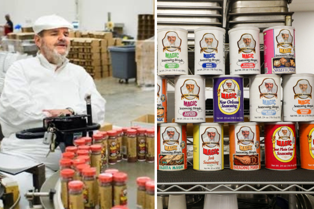 Collage of Chef Paul Prudhomme in a seasoning facility and shelves stocked with Magic Seasoning Blends products.