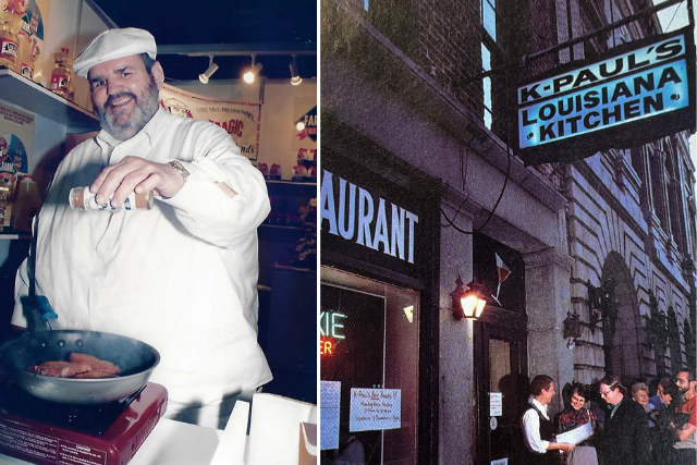 Collage of Chef Paul Prudhomme cooking in a skillet and guests outside K-Paul’s Louisiana Kitchen.