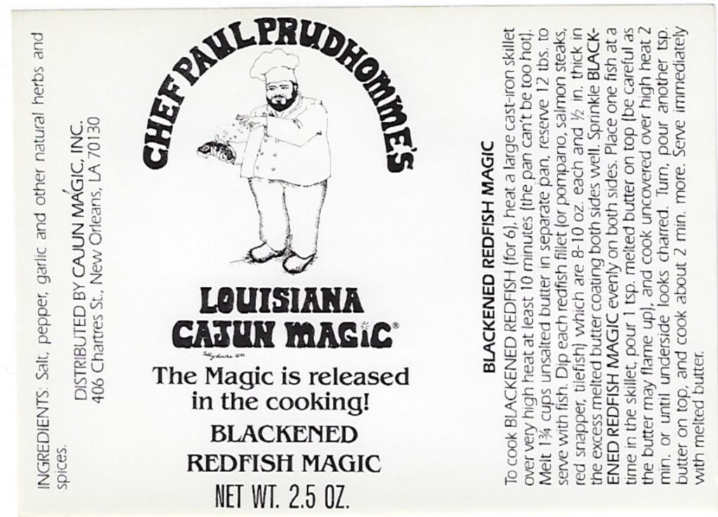 A label for Chef Paul Prudhomme's Louisiana Cajun Magic Blackened Redfish Magic seasoning, featuring cooking instructions, ingredients, and a chef illustration.