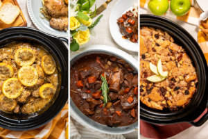 Three-panel collage of slow cooker lemon chicken, beef stew, and apple bread pudding.